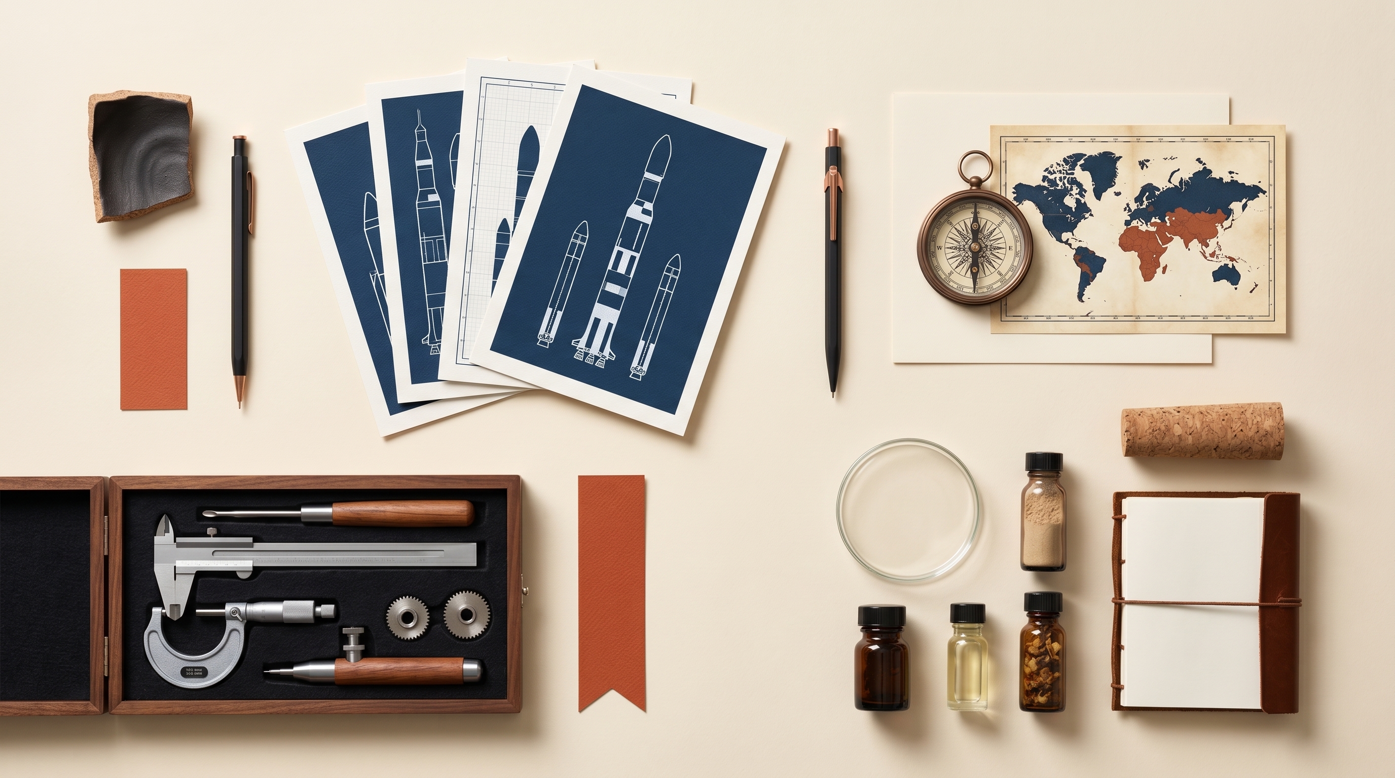 Editorial top-down still life on a warm cream surface — a wood working board with neutral props, papers, and tools that signal the Rocke to the Moon incubation platform under soft natural light.